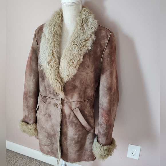 🥰 Vintage Y2K OUTBROOK "Penny Lane" Faux Suede/Faux Fur Overcoat, Distressed, M - Picture 4 of 16